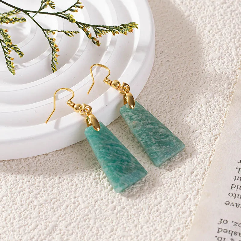 Amazonite rough stone trapezoid earrings with geometric shapes in gold or silver finish