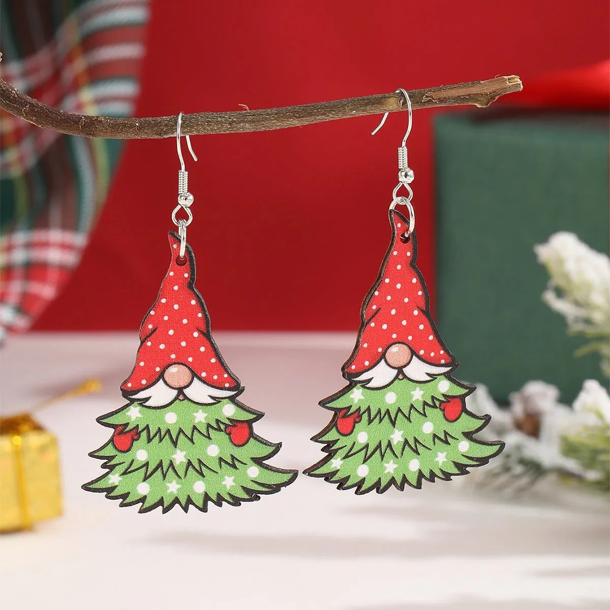 Women's wooden Christmas earrings with geometric shapes and printed Santa Claus designs