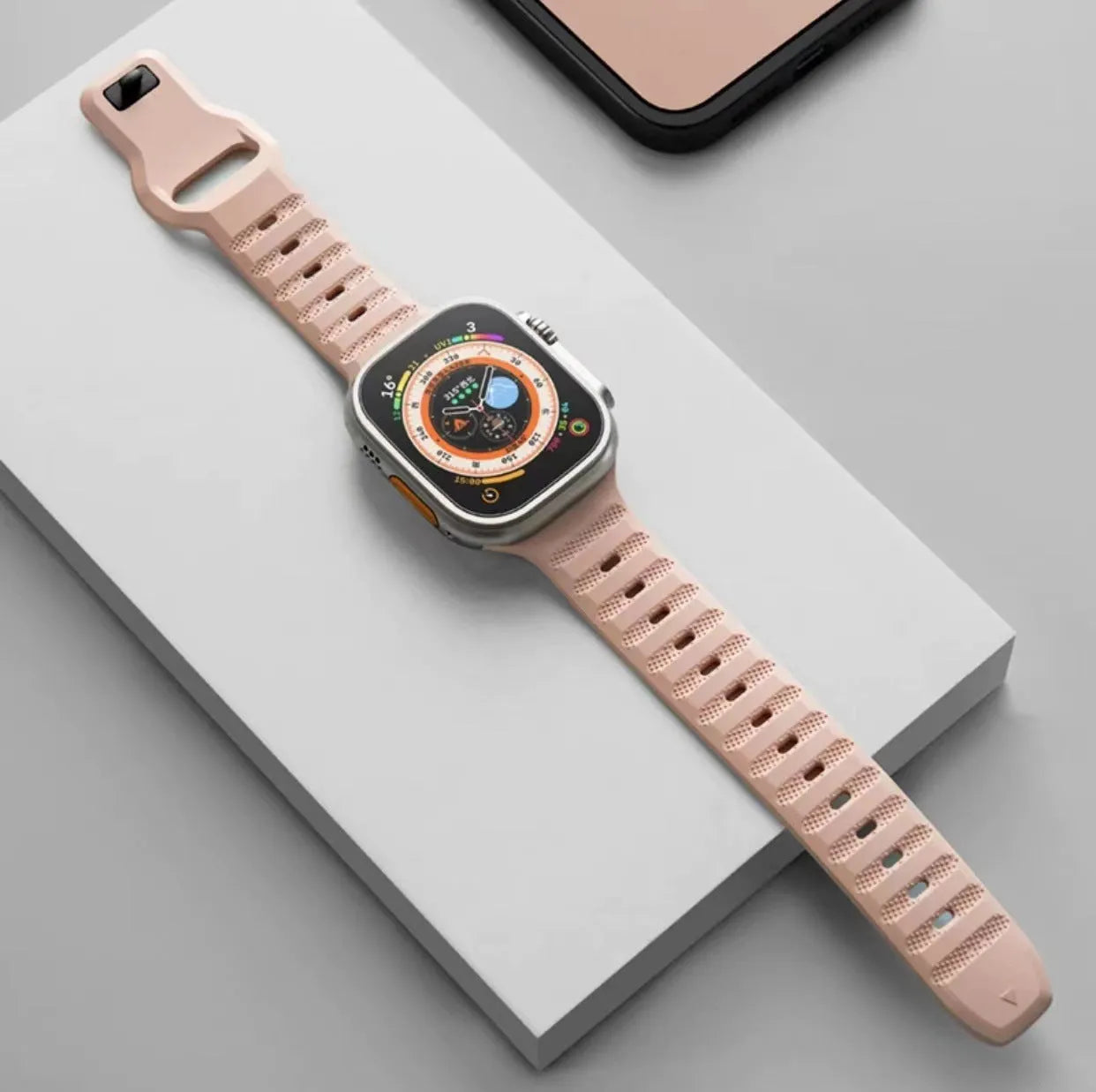 Fluoro rubber Apple Watch strap in multiple colours with T buckle, compatible with Ultra and Series 8 to 1 models.