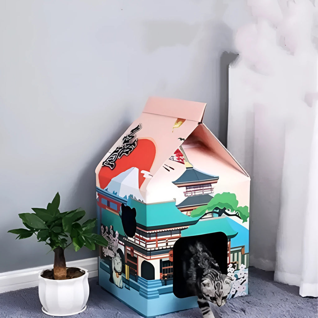 Foldable corrugated cardboard cat scratching board in Nagoya design, shown as both a flat scratcher and a formed nest.