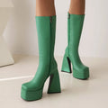 Women's black high boots with artificial PU upper material showing side profile