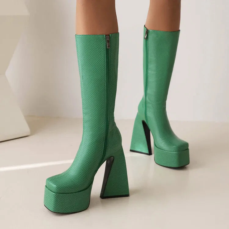 Women's black high boots with artificial PU upper material showing side profile