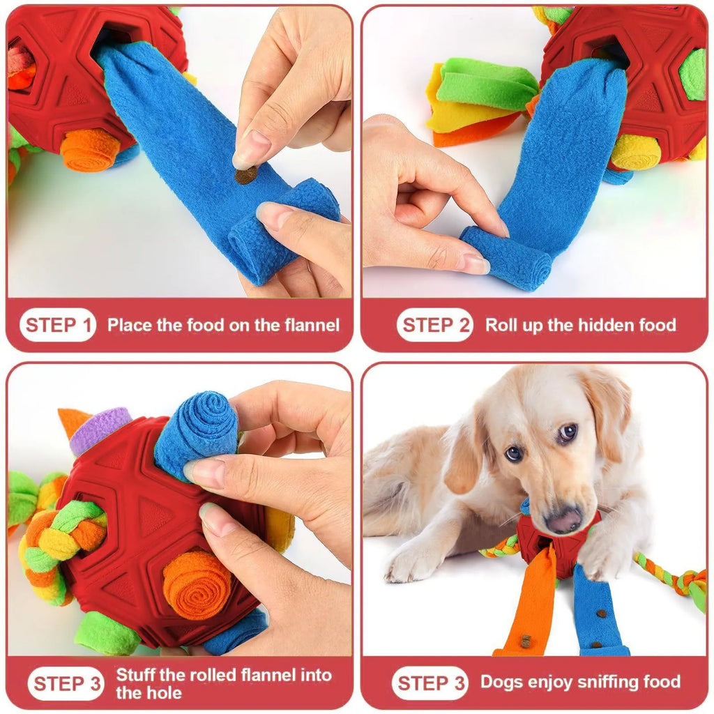 Colourful silicone dog snuffle ball puzzle toy for IQ training and slow feeding.