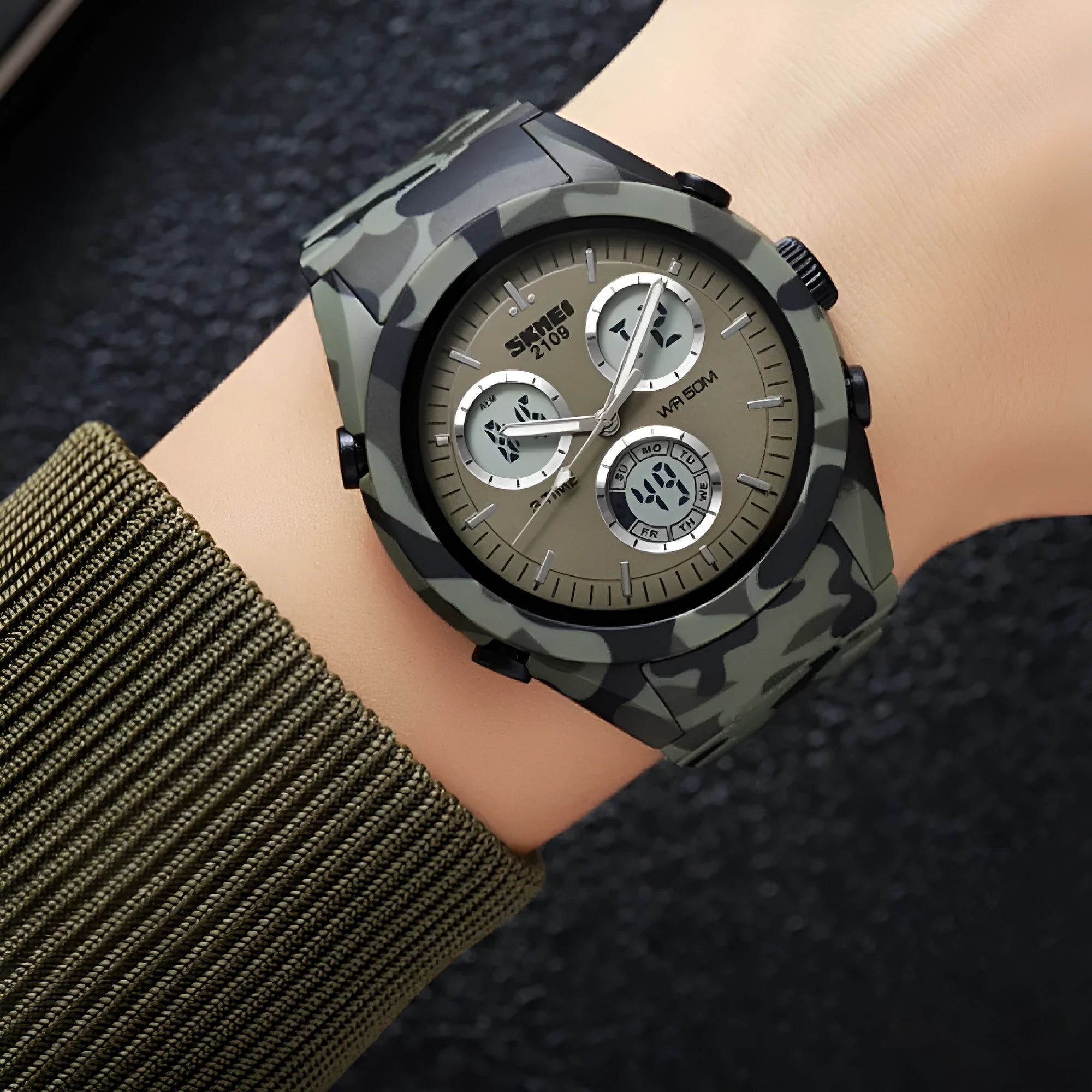 Casual digital watch with digital display, ABS resin case, TPU strap, shown in Army Green camouflage colour.