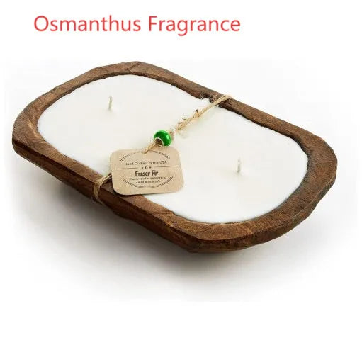 Retro wooden basin container with a triple-wick soy aromatherapy candle in lavender scent