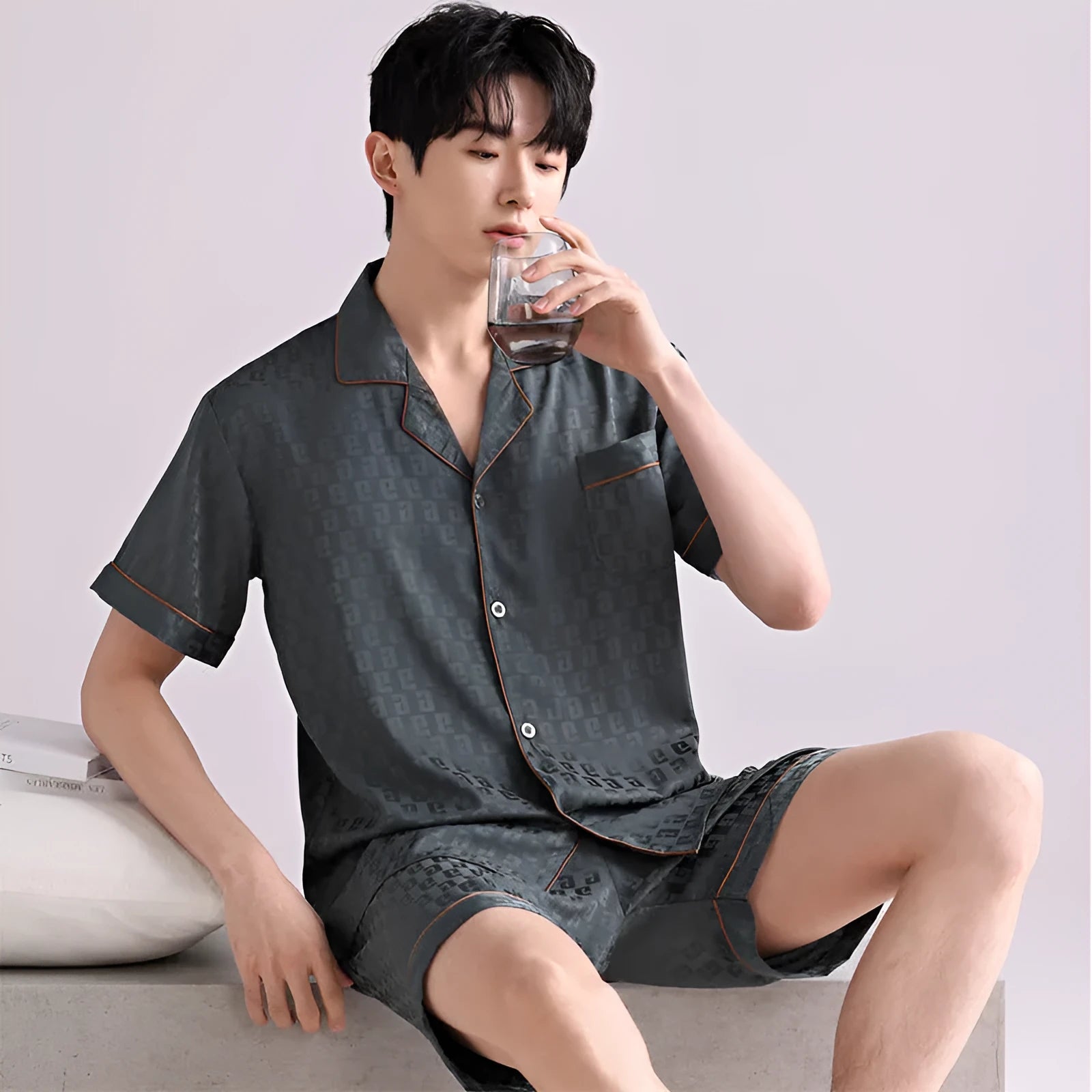 Men's ice silk summer pyjama set with cardigan top and shorts in satin jacquard pattern