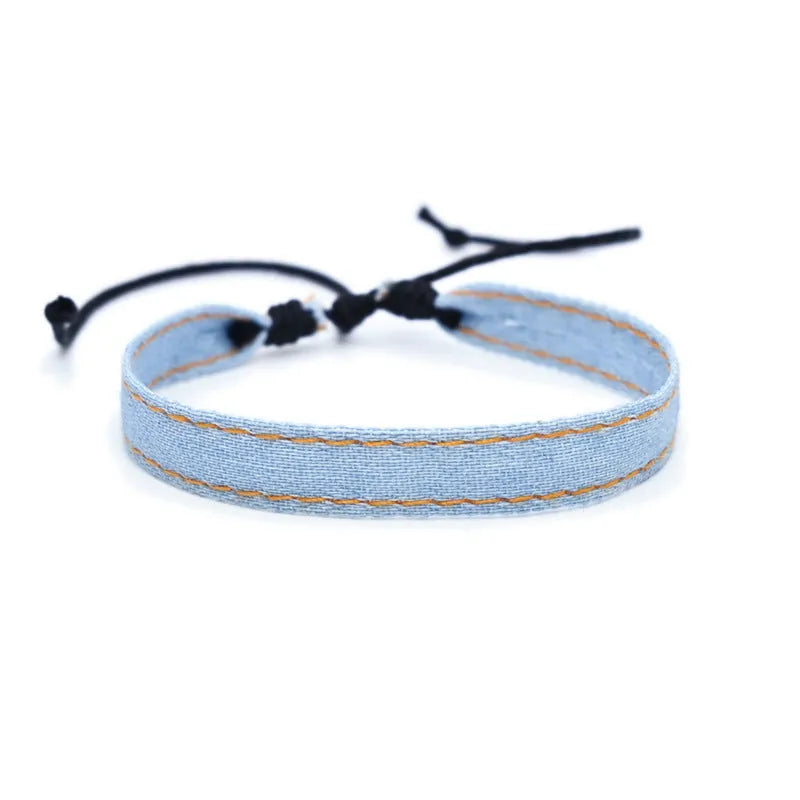 Adjustable denim fabric bracelet in various YYR colours with mixed material construction