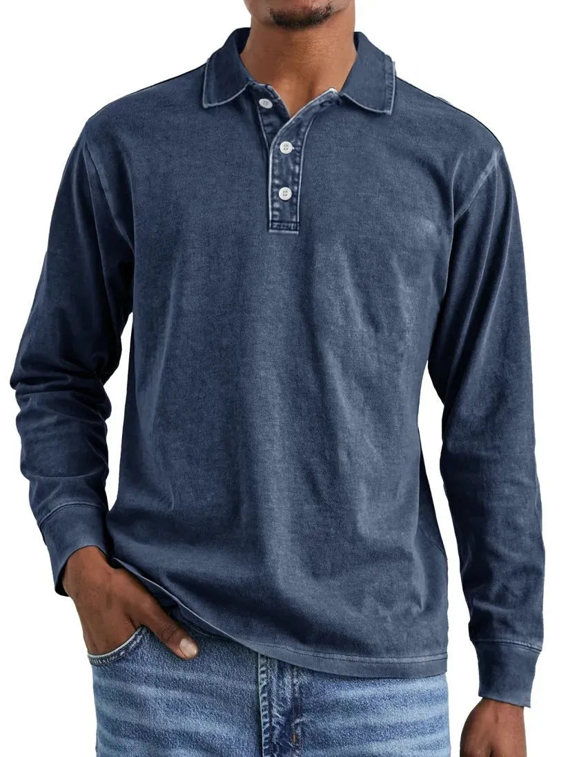 Retro washed distressed pure cotton lapel long sleeve polo shirt shown in Army Green.