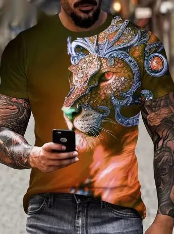 Men's grey t-shirt with dimensional 3D lion graphic print on front