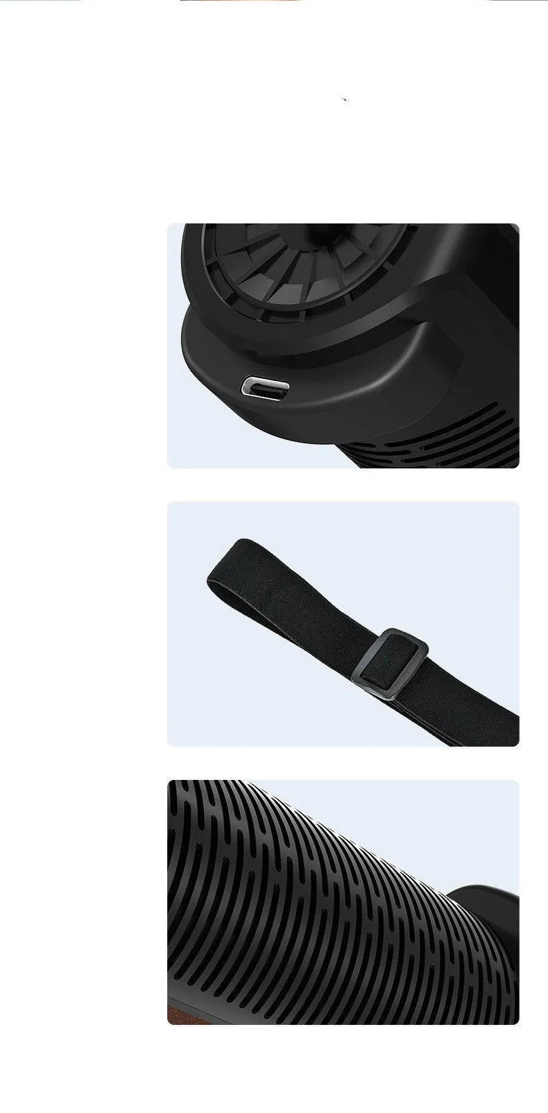 Bladeless car ventilation fan with USB power connection and three speed buttons