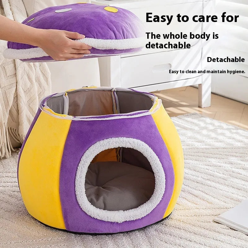 Mushroom-shaped cat nest with detachable thermal blanket in rabbit plush material