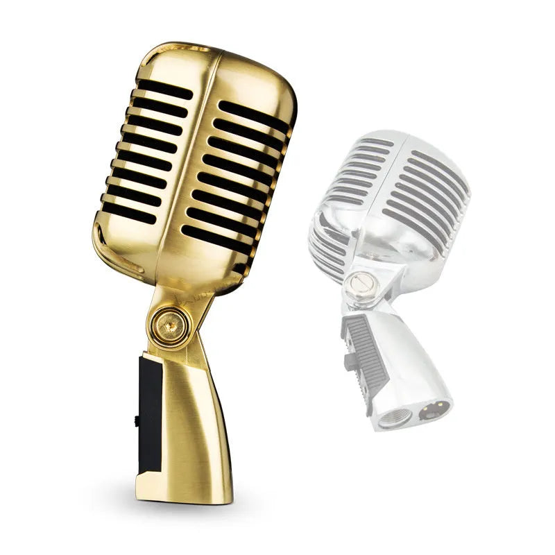 Silver retro dynamic microphone with all-metal body and heart-shaped polar pattern for stage and video use