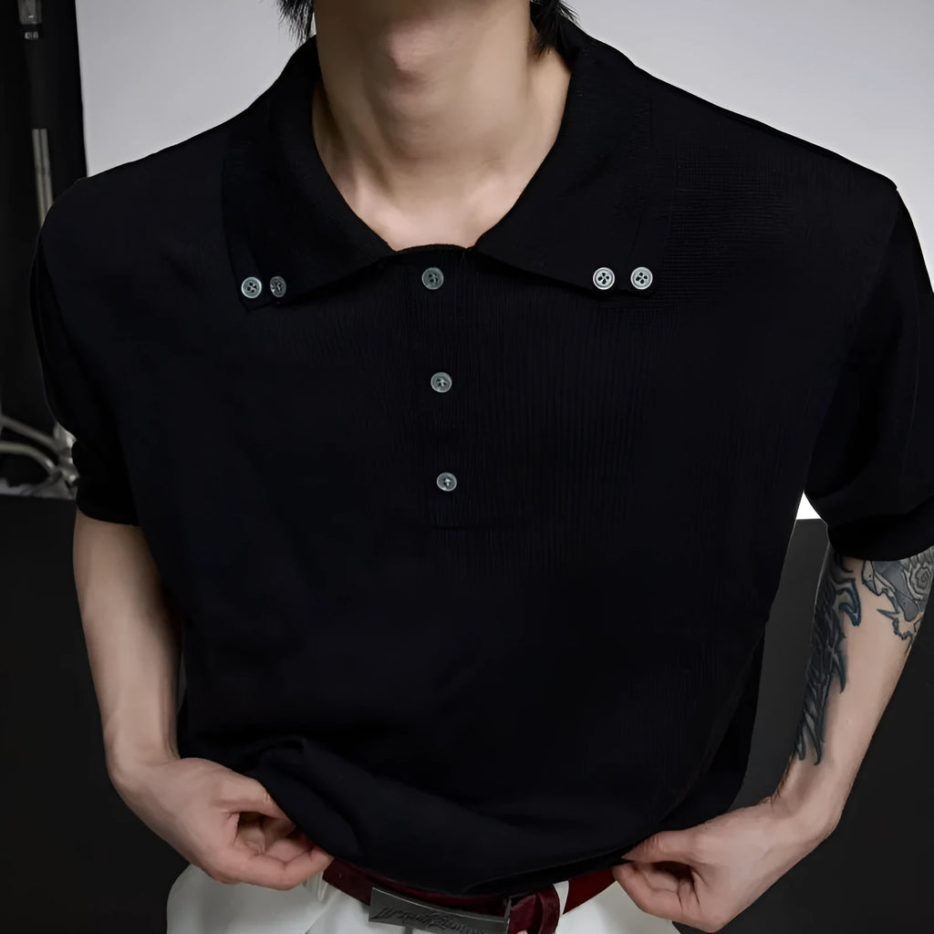 Men's slim fit short sleeve knitted shirt with double collar design in black, grey or white