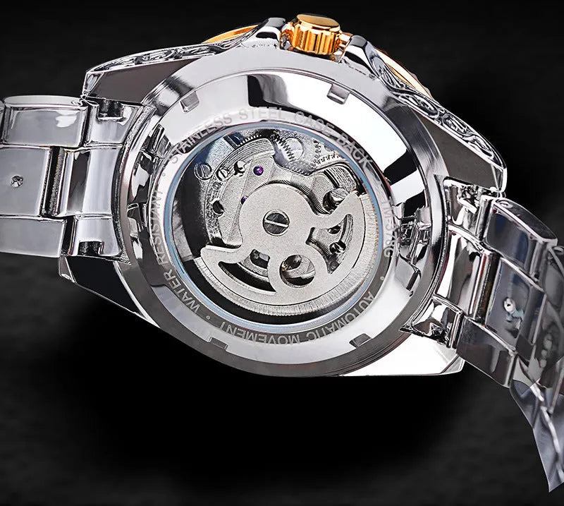 Forsining skeleton tourbillon mechanical watch with yellow accents and stainless steel band