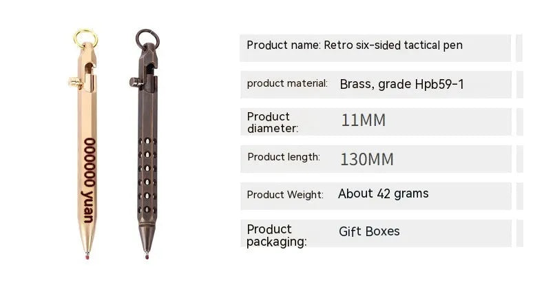 Retro brass hexagonal bolt pen with 6-angle machine signature design and 0.5mm writing tip