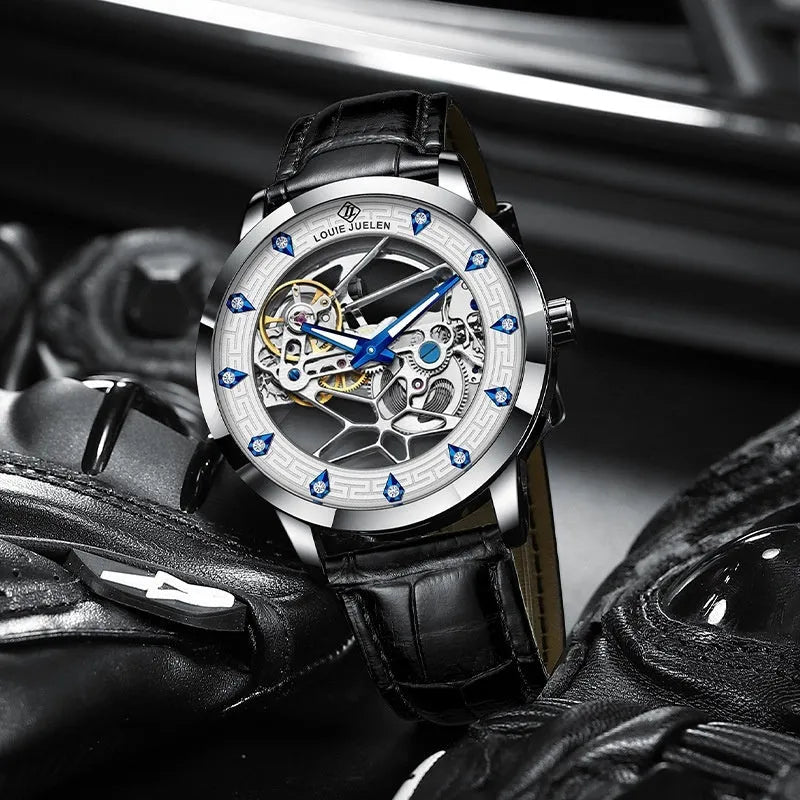 Men's silver case mechanical watch with white face, blue hands, black genuine leather strap and stainless steel butterfly buckle