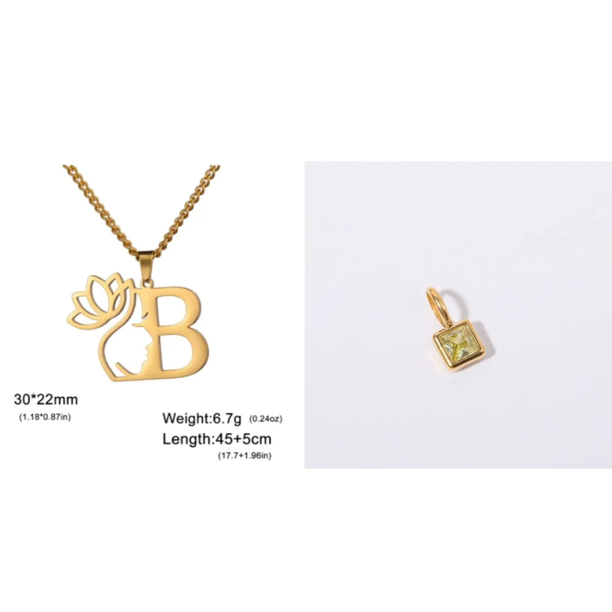 Stainless steel necklace with cross chain design and single letter pendant in gold or silver electroplated finish