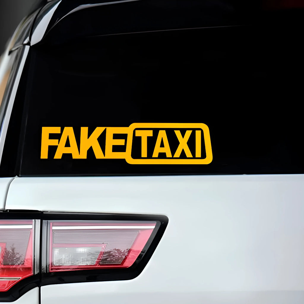 FAKE TAXI waterproof car warning sticker in black, white, or yellow, measuring 20 by 8 centimetres.