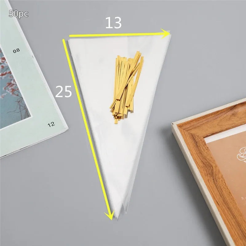 Clear triangle-shaped plastic packaging bag with a silver tie wire closure, shown in three different sizes.
