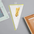 Clear triangle-shaped plastic packaging bag with a silver tie wire closure, shown in three different sizes.