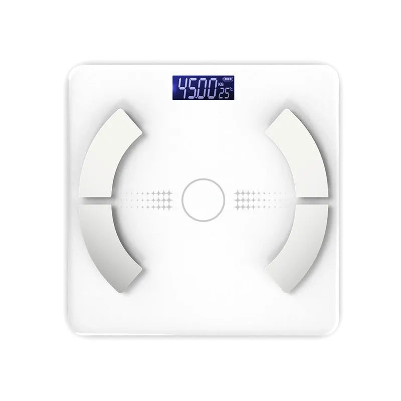 Smart Bluetooth rechargeable body fat scale in white, on a bathroom floor.