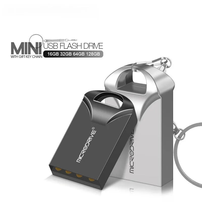 Mini metal USB flash drive in black and silver colours showing compact 23x12x8mm dimensions