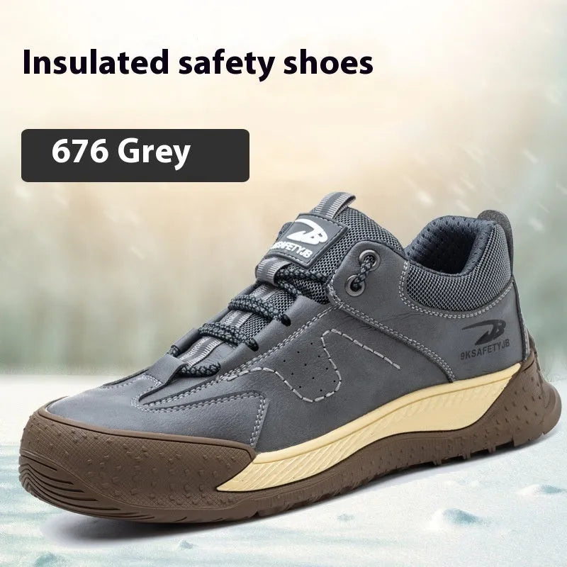 Men's Flyknit leather work safety shoes with a rubber sole in black, shown in a side profile.