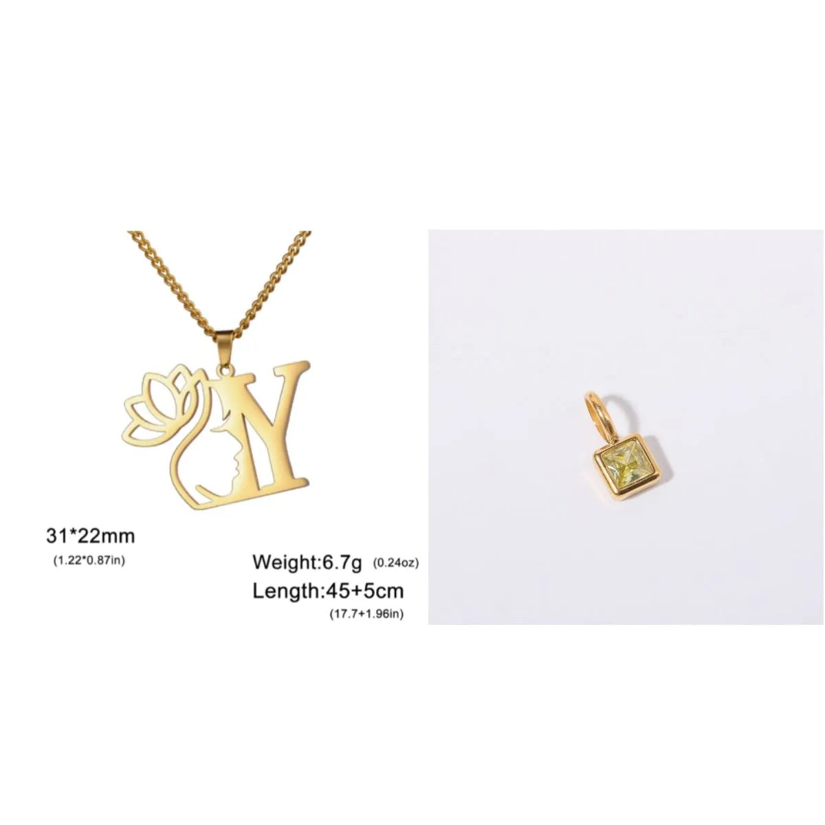 Stainless steel necklace with cross chain design and single letter pendant in gold or silver electroplated finish