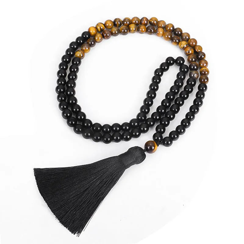 Tiger eye stone tassel necklace with 81cm length and ball bead chain, showing drop shape pendant