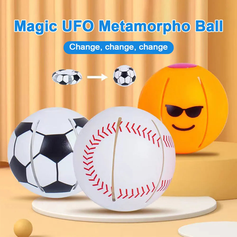 Interactive plastic dog toy showing ball and flying disc transformation states in multiple colours
