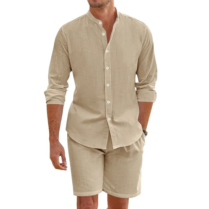 Men's light blue linen blend short sleeve shirt and drawstring shorts summer suit set.