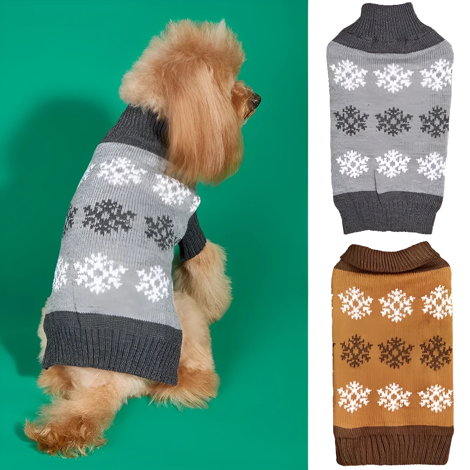 Grey and brown snowflake patterned acrylic knit dog sweater for Christmas and winter wear.