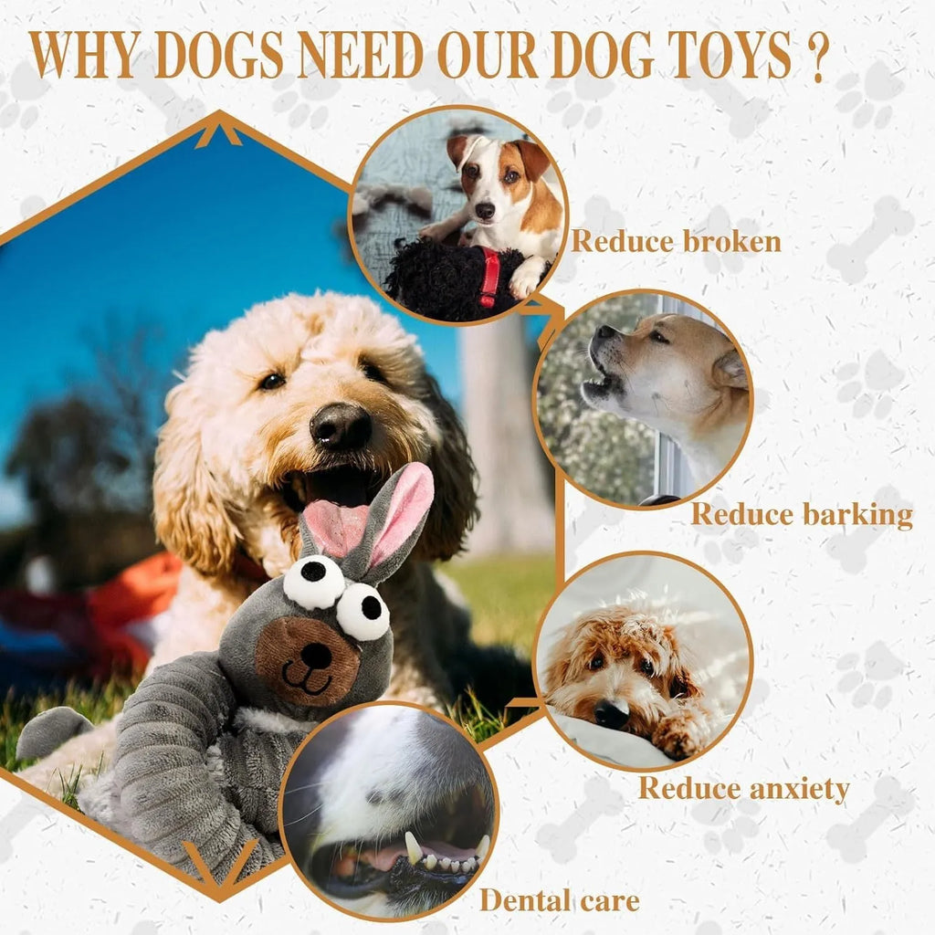Brown, grey, and yellow plush stuffed dog toys with a squeaker and foldable design