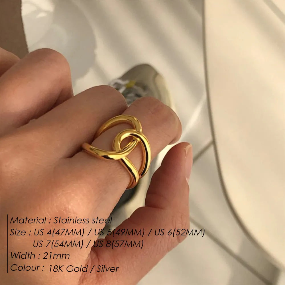 Women's stainless steel adjustable knot ring with geometric U-shape and opening design