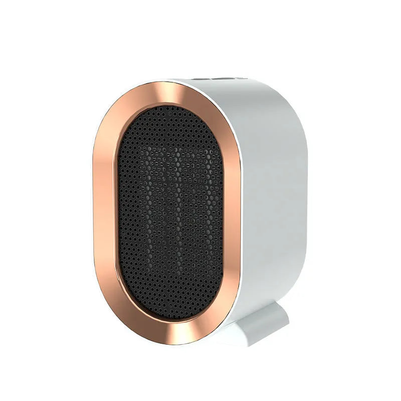 Desktop ceramic fan heater in black with mechanical control knobs and a front grille.