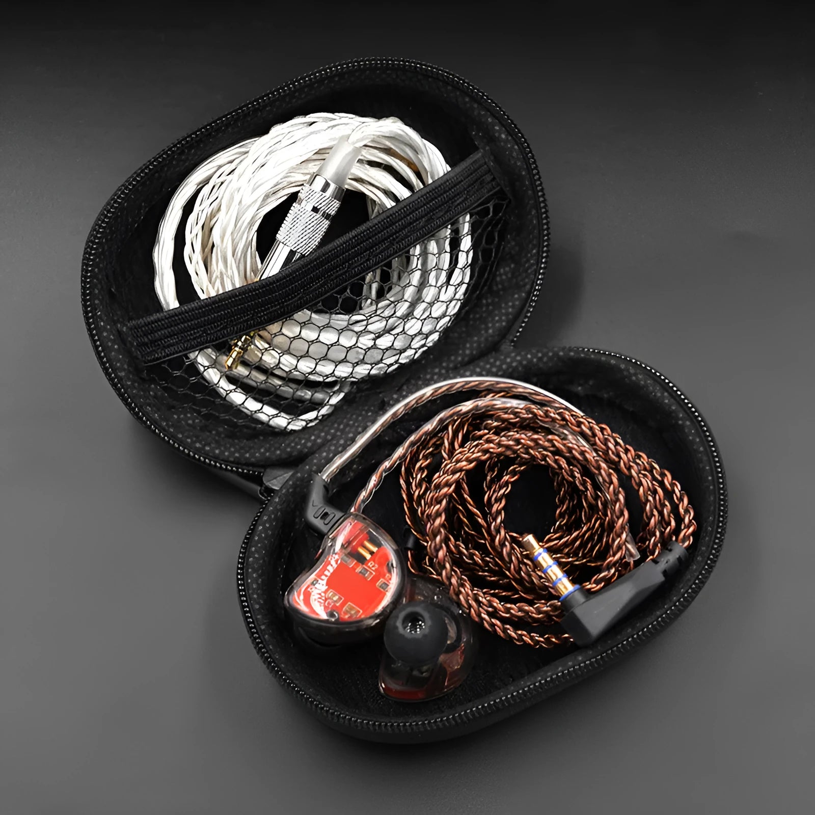 Black oval leather earphone storage bag for EDX PRO and compatible earphones