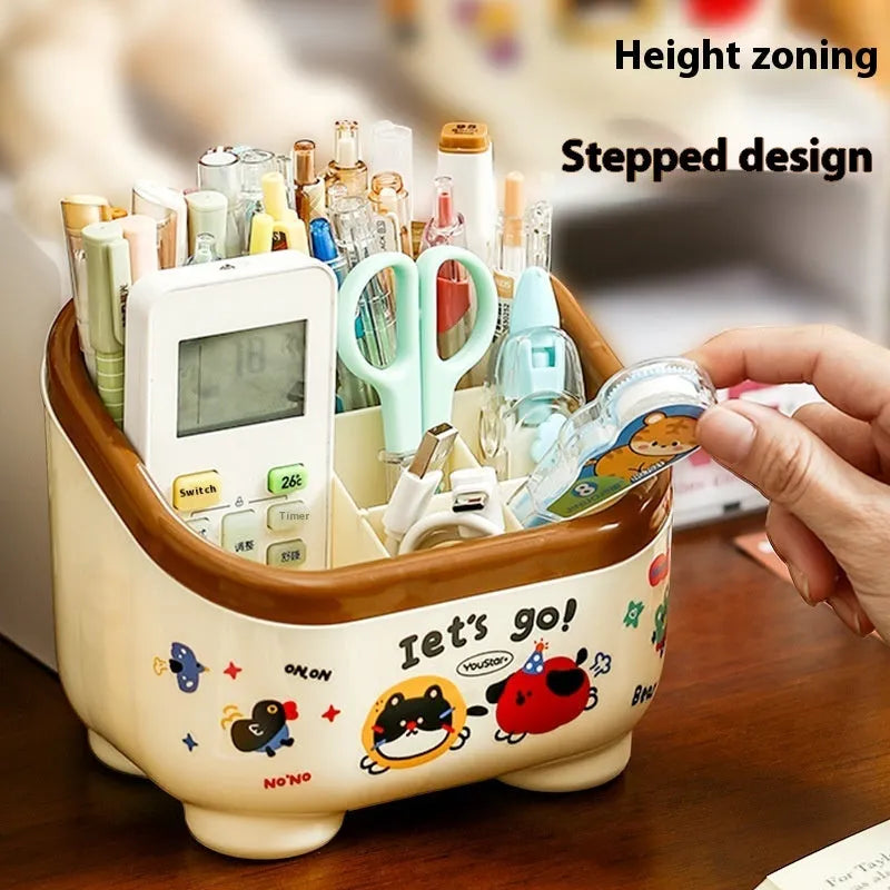 Cartoon design plastic desktop organiser with storage box, pen container, tissue box and coin bank accessories in red and brown colours