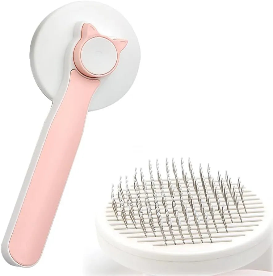 Self-cleaning cat brush with blue rubber handle and metal pins with rubber tips for pet grooming