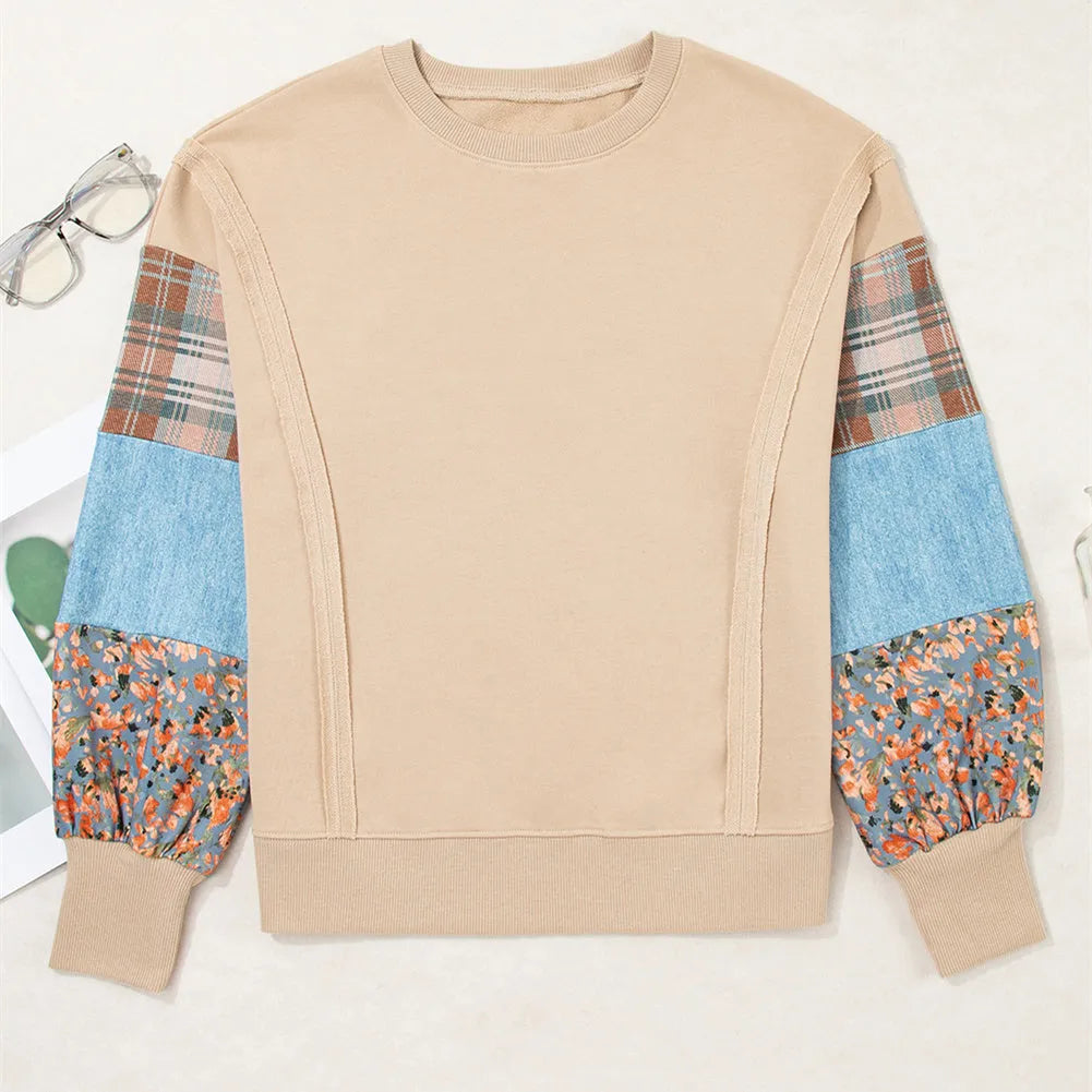 Women's plaid stitching long-sleeved loose top in apricot and red colours