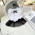 White polyester dog dress with gauze skirt in princess style, shown in size options for small dogs