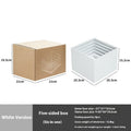 White plastic cube dessert display stand with six modular pieces arranged on tabletop
