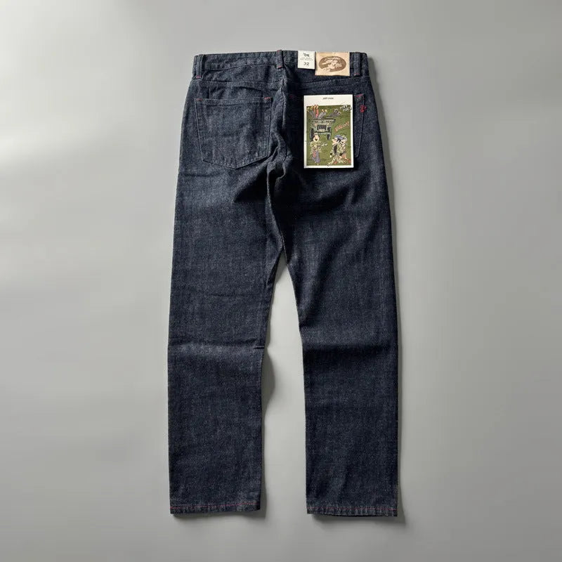 Men's straight leg cotton denim trousers in primary colour showing retro American style