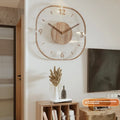 Transparent wooden frame wall clock showing modern design with 35cm square dimensions