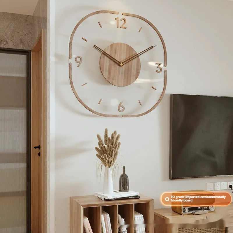 Transparent wooden frame wall clock showing modern design with 35cm square dimensions