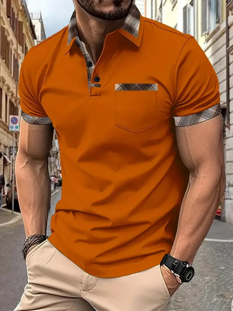 Men's plaid colourblock t-shirt with zipper decorations in loose fit polyester fabric