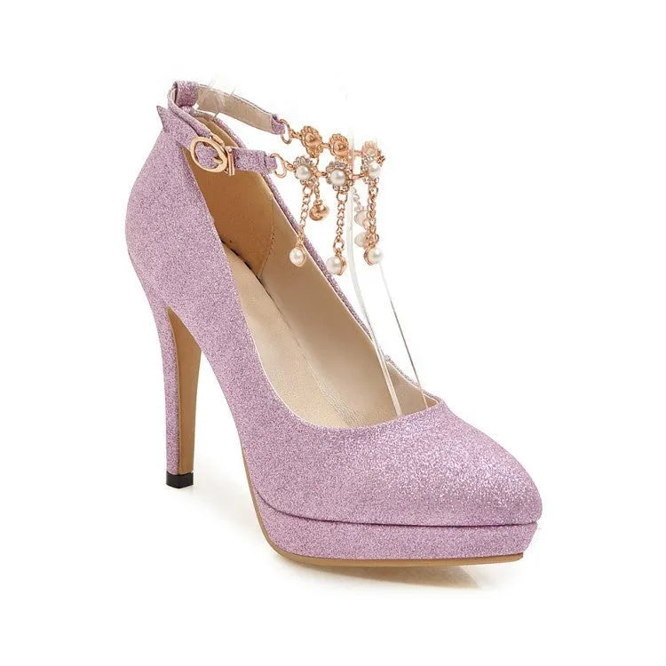 Women's blue platform high heels with stiletto heel and pointed toe on a plain background.