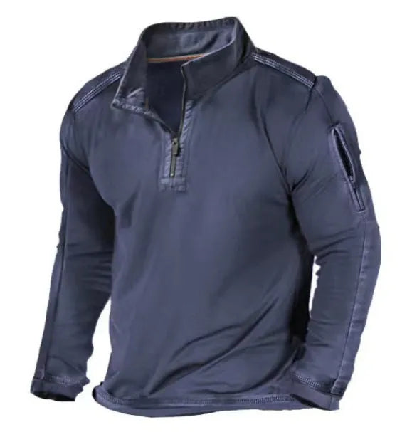 Men's grey zip-front stand collar long-sleeved polyester sweater laid flat.