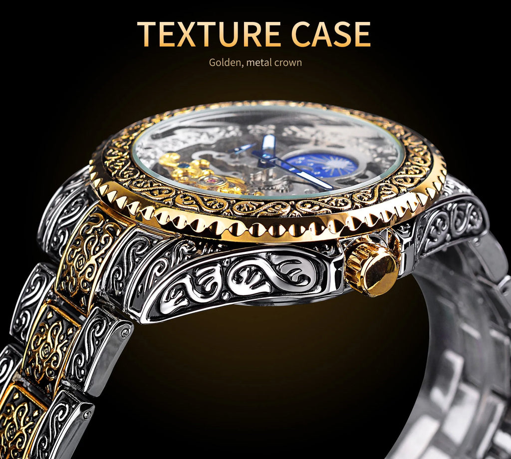 Forsining skeleton tourbillon mechanical watch with yellow accents and stainless steel band