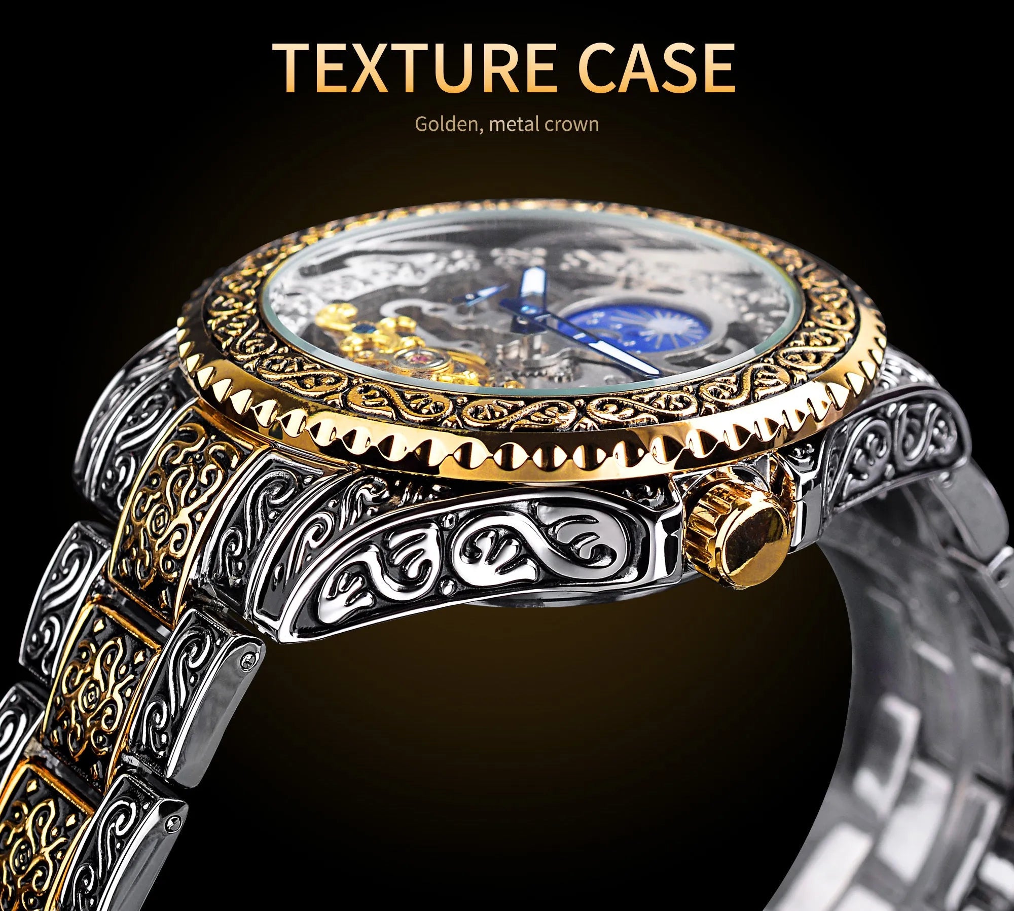 Forsining skeleton tourbillon mechanical watch with yellow accents and stainless steel band