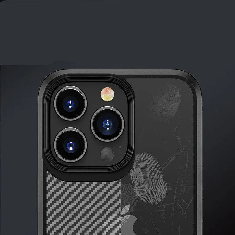 Black anti-fall protective phone case with carbon fibre pattern for Apple iPhone 13.